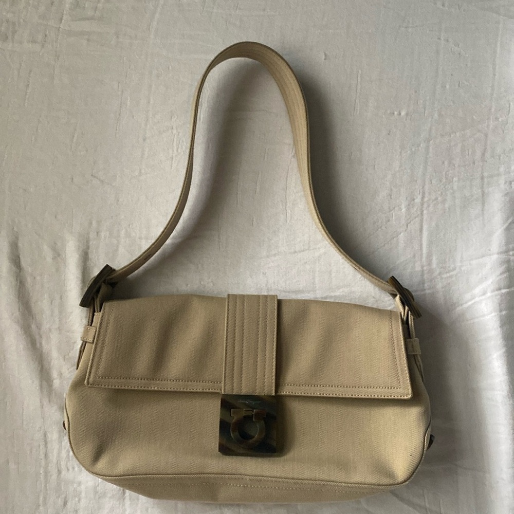 Salvatore Ferragamo Tan Canvas Bag with Tortoiseshell Buckle